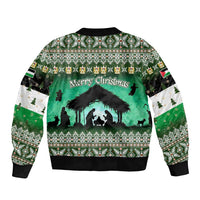 Palestine Christmas Bomber Jacket with Green-White Theme, Tree Ornaments, and Nativity Scene Motif - Wonder Print Shop