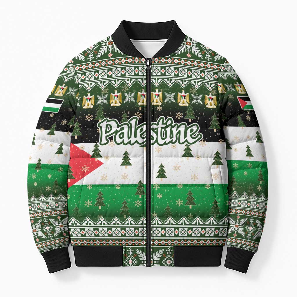 Palestine Christmas Bomber Puffer Jacket with Green-White Theme, Tree Ornaments, and Nativity Scene Motif - Wonder Print Shop
