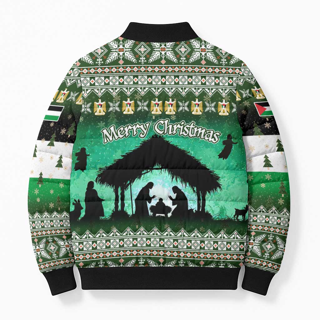 Palestine Christmas Bomber Puffer Jacket with Green-White Theme, Tree Ornaments, and Nativity Scene Motif - Wonder Print Shop