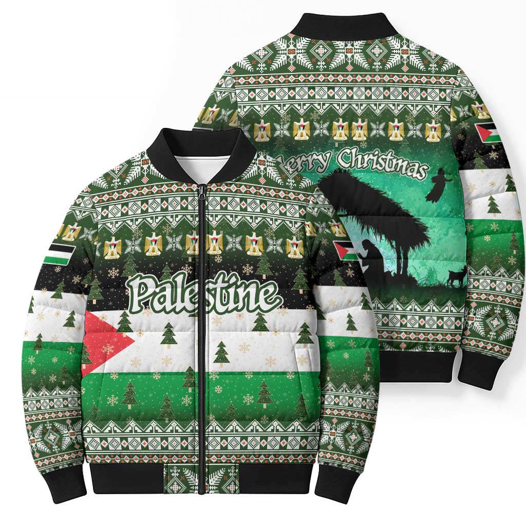 Palestine Christmas Bomber Puffer Jacket with Green-White Theme, Tree Ornaments, and Nativity Scene Motif - Wonder Print Shop