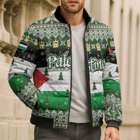 Palestine Christmas Bomber Puffer Jacket with Green-White Theme, Tree Ornaments, and Nativity Scene Motif - Wonder Print Shop