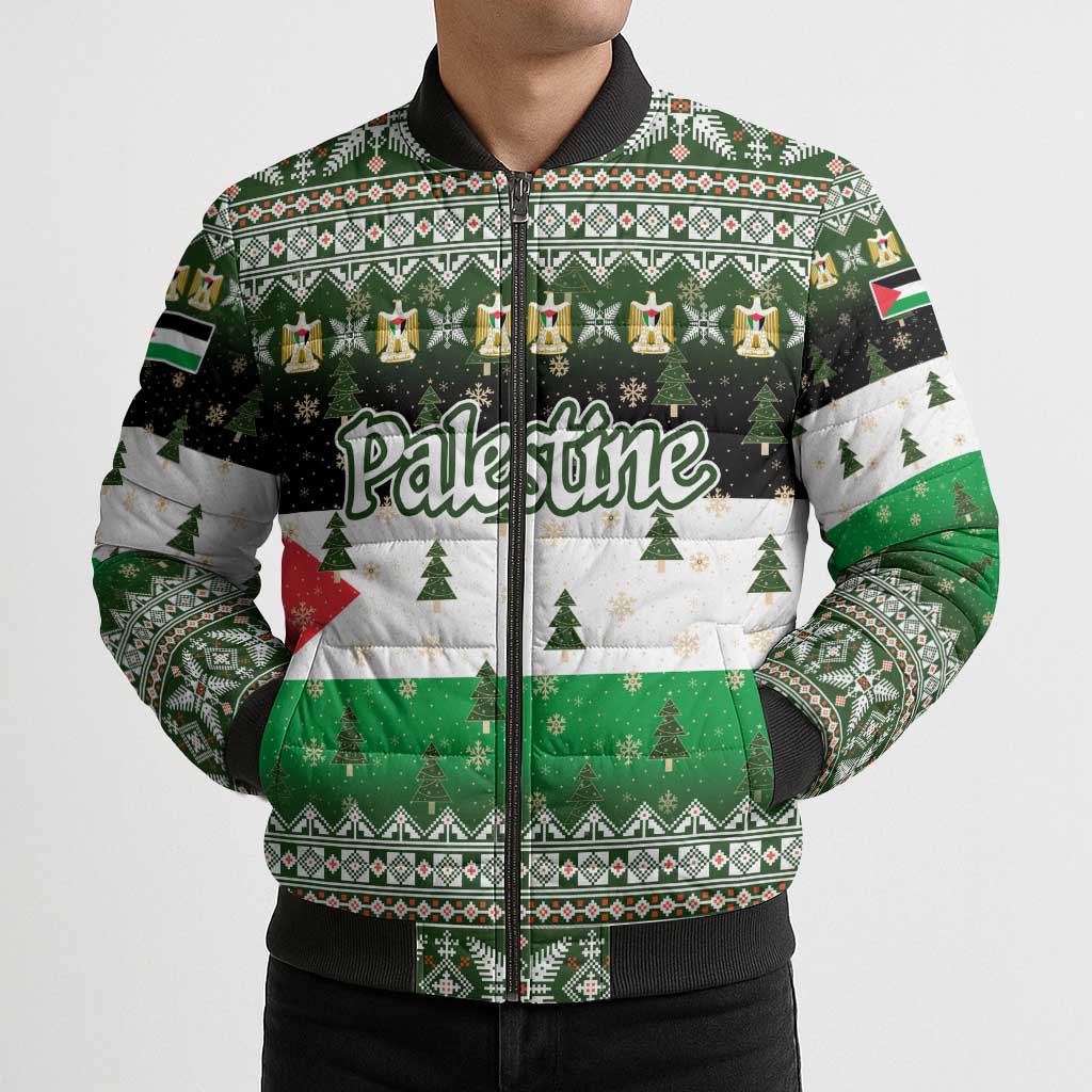 Palestine Christmas Bomber Puffer Jacket with Green-White Theme, Tree Ornaments, and Nativity Scene Motif - Wonder Print Shop
