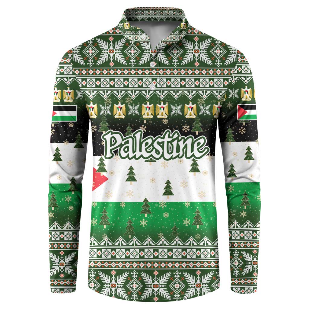 Palestine Christmas Button Sweatshirt with Green-White Theme, Tree Ornaments, and Nativity Scene Motif - Wonder Print Shop