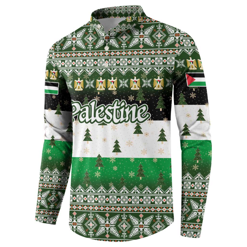 Palestine Christmas Button Sweatshirt with Green-White Theme, Tree Ornaments, and Nativity Scene Motif - Wonder Print Shop