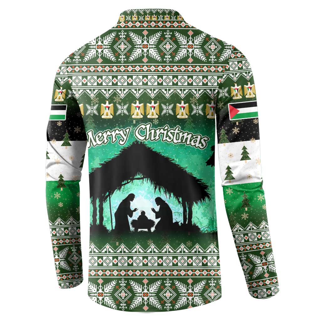 Palestine Christmas Button Sweatshirt with Green-White Theme, Tree Ornaments, and Nativity Scene Motif - Wonder Print Shop