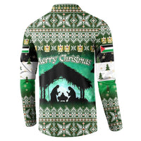 Palestine Christmas Button Sweatshirt with Green-White Theme, Tree Ornaments, and Nativity Scene Motif - Wonder Print Shop
