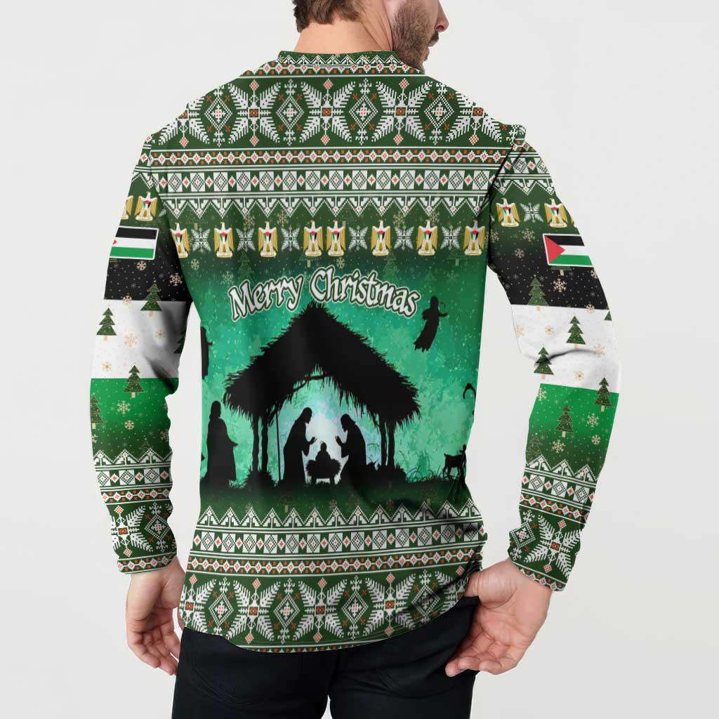 Palestine Christmas Button Sweatshirt with Green-White Theme, Tree Ornaments, and Nativity Scene Motif - Wonder Print Shop