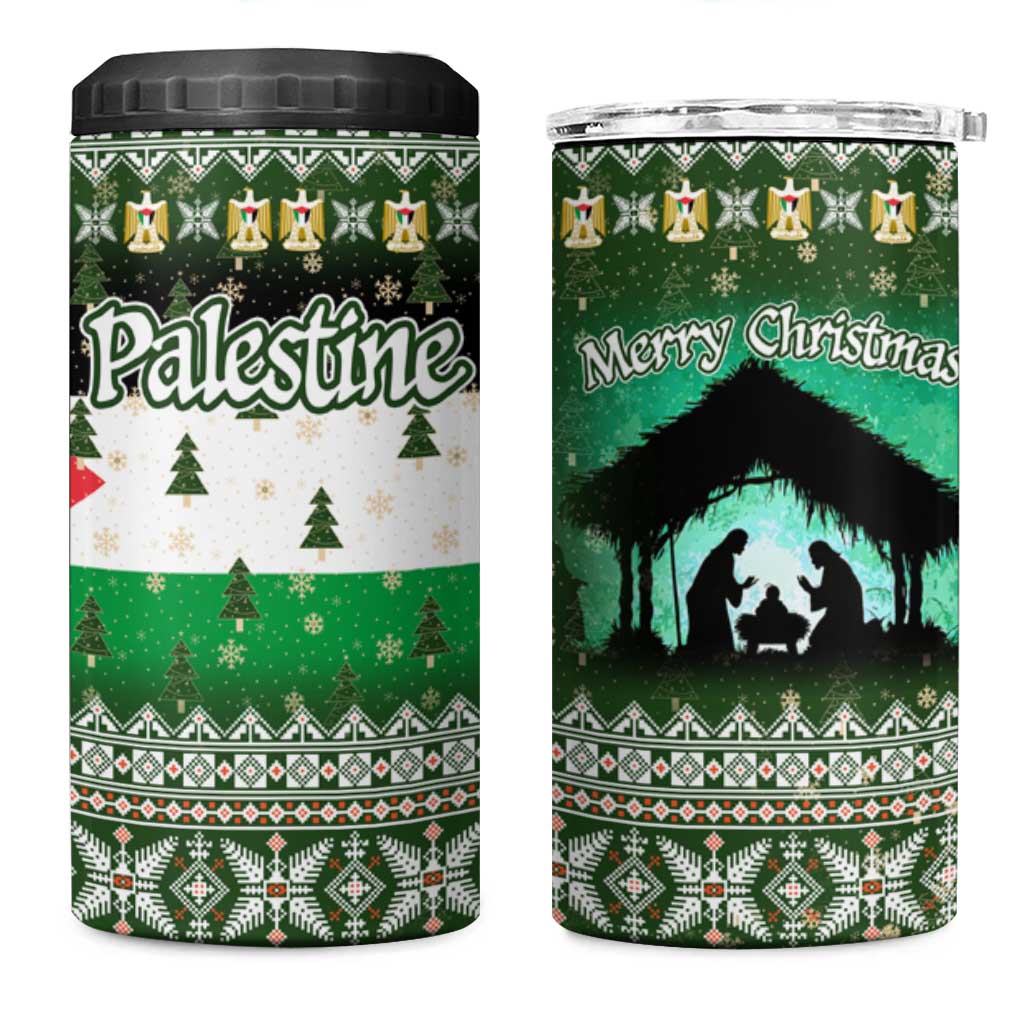 Palestine Christmas 4 in 1 Can Cooler Tumbler with Green-White Theme, Tree Ornaments, and Nativity Scene Motif - Wonder Print Shop
