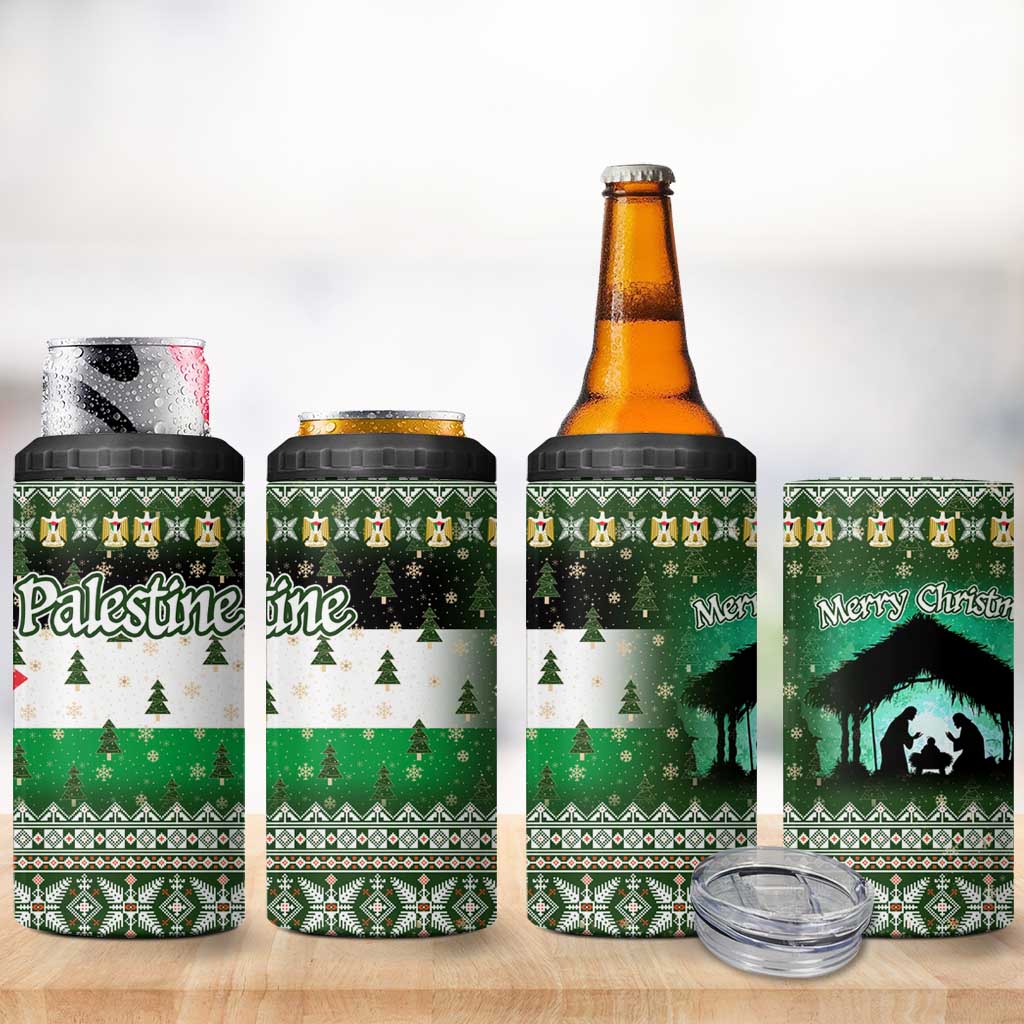 Palestine Christmas 4 in 1 Can Cooler Tumbler with Green-White Theme, Tree Ornaments, and Nativity Scene Motif - Wonder Print Shop