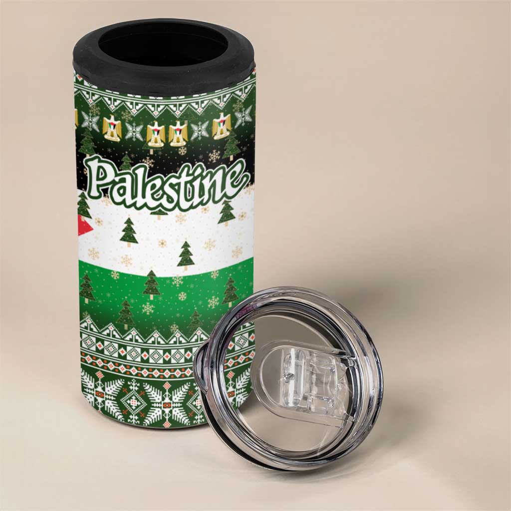 Palestine Christmas 4 in 1 Can Cooler Tumbler with Green-White Theme, Tree Ornaments, and Nativity Scene Motif - Wonder Print Shop