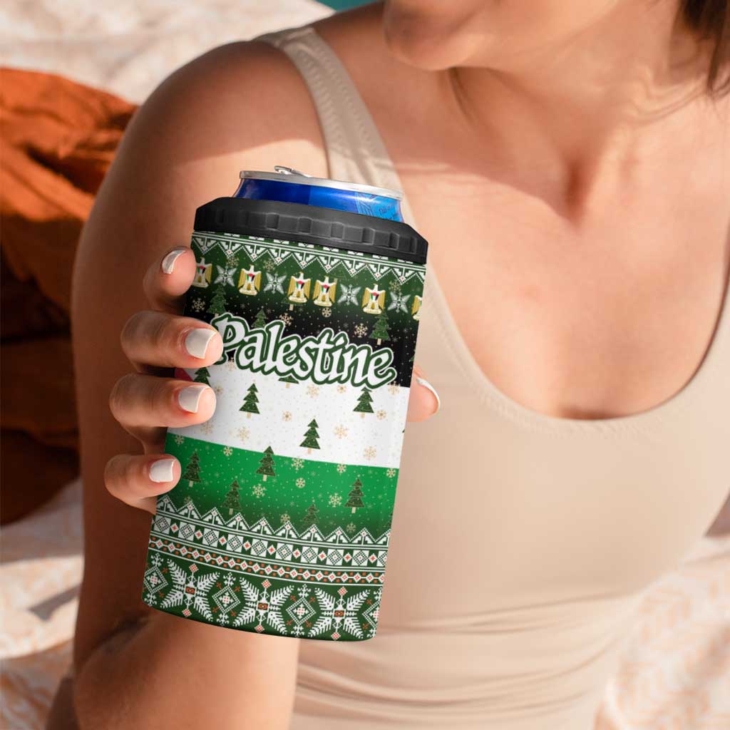 Palestine Christmas 4 in 1 Can Cooler Tumbler with Green-White Theme, Tree Ornaments, and Nativity Scene Motif - Wonder Print Shop