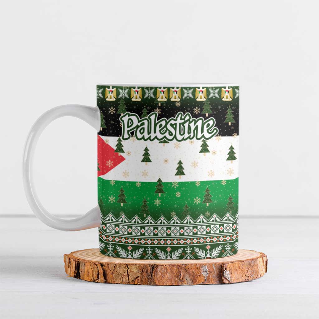 Palestine Christmas Ceramic Mug with Green-White Theme, Tree Ornaments, and Nativity Scene Motif - Wonder Print Shop
