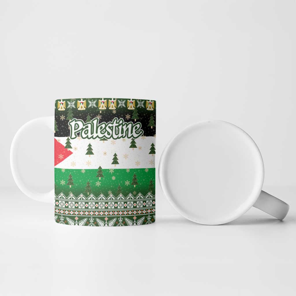 Palestine Christmas Ceramic Mug with Green-White Theme, Tree Ornaments, and Nativity Scene Motif - Wonder Print Shop