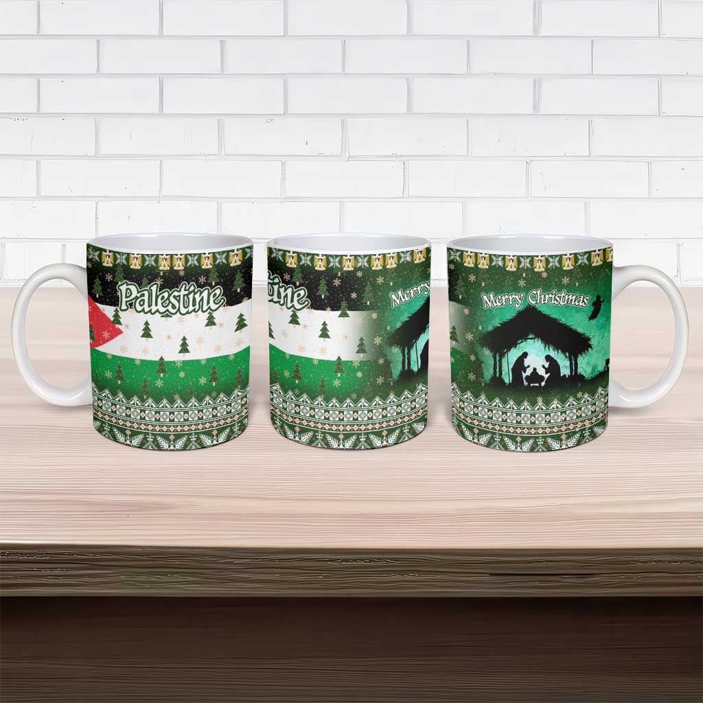 Palestine Christmas Ceramic Mug with Green-White Theme, Tree Ornaments, and Nativity Scene Motif - Wonder Print Shop
