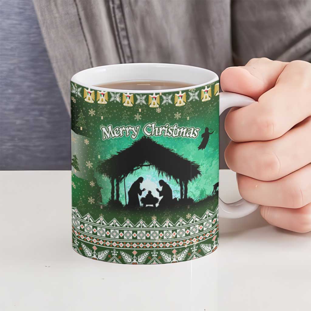 Palestine Christmas Ceramic Mug with Green-White Theme, Tree Ornaments, and Nativity Scene Motif - Wonder Print Shop