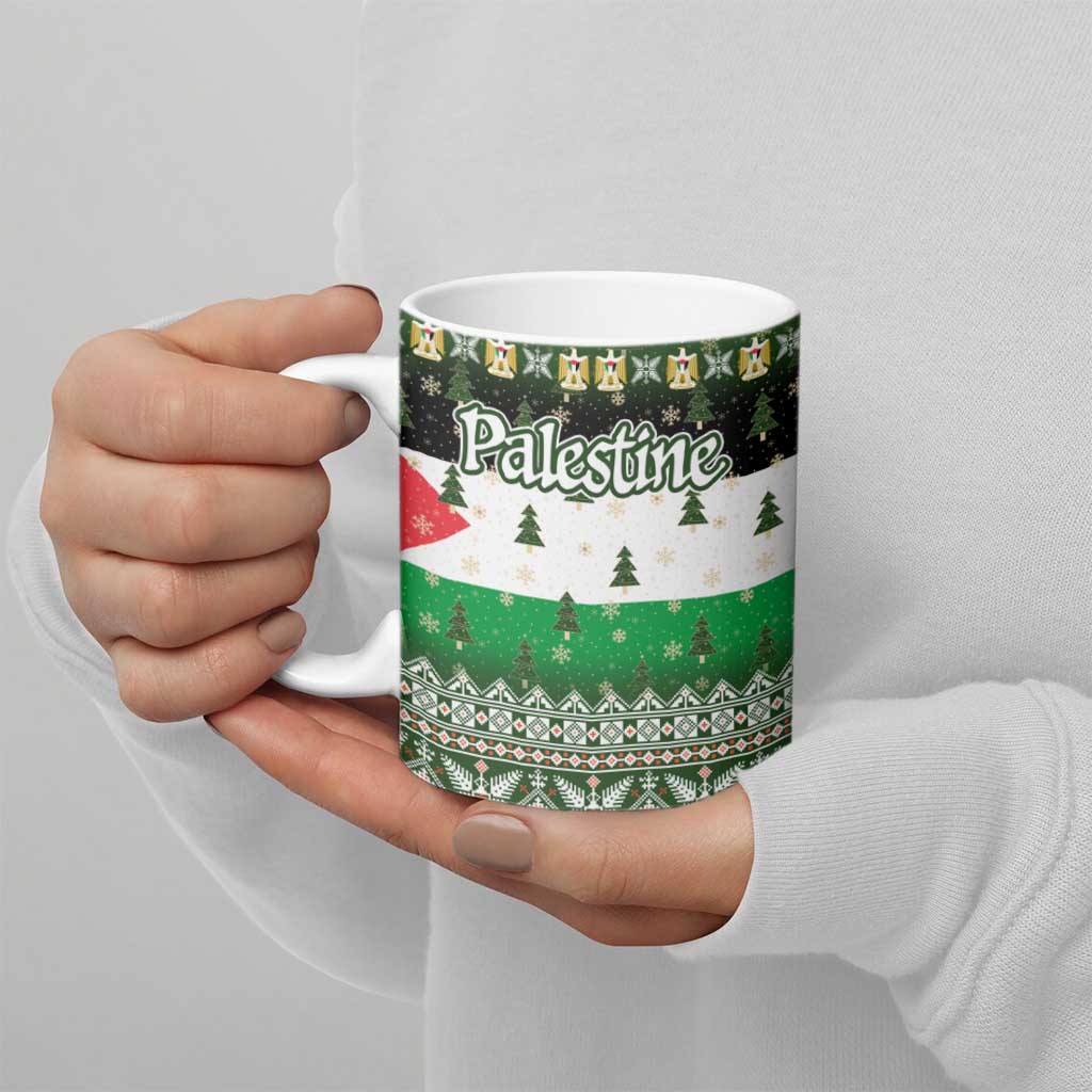 Palestine Christmas Ceramic Mug with Green-White Theme, Tree Ornaments, and Nativity Scene Motif - Wonder Print Shop
