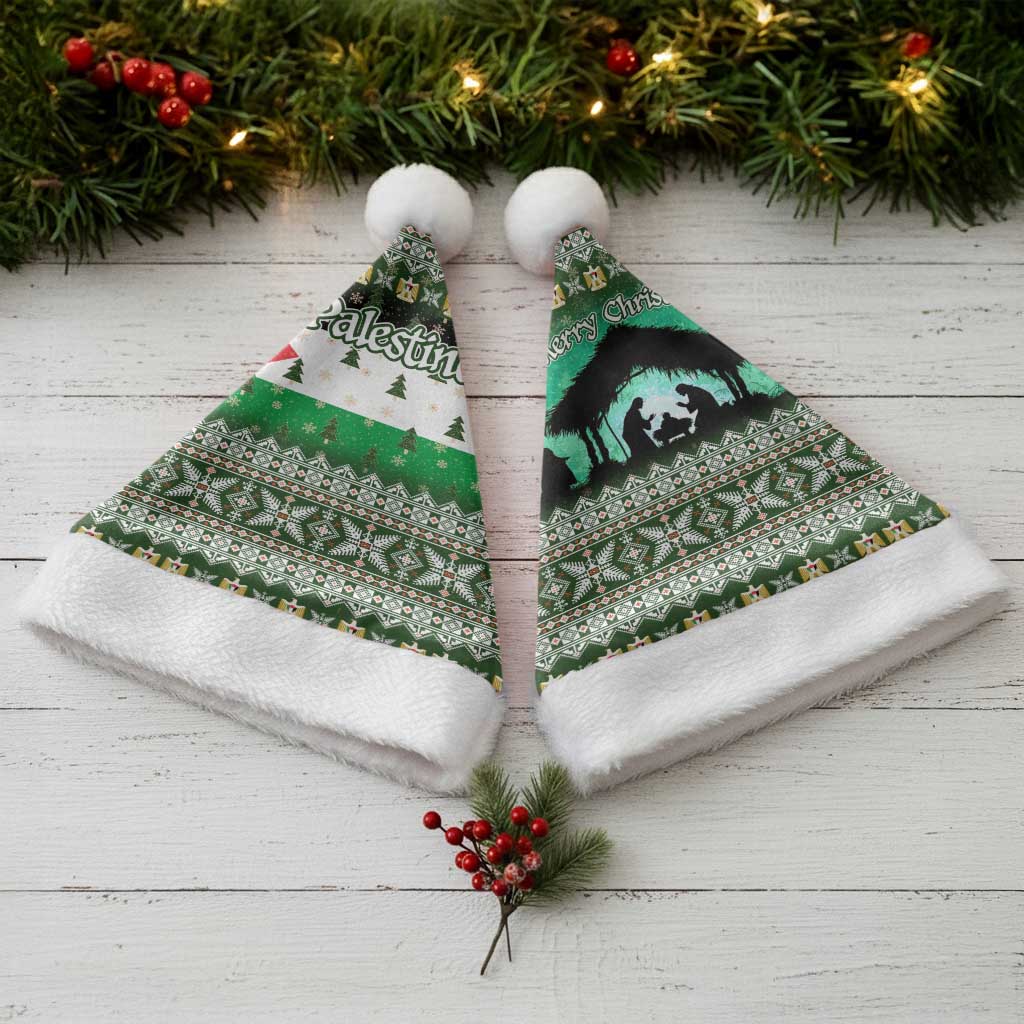 Palestine Christmas Santa Hat with Green-White Theme, Tree Ornaments, and Nativity Scene Motif - Wonder Print Shop