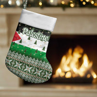 Palestine Christmas Stocking with Green-White Theme, Tree Ornaments, and Nativity Scene Motif - Wonder Print Shop