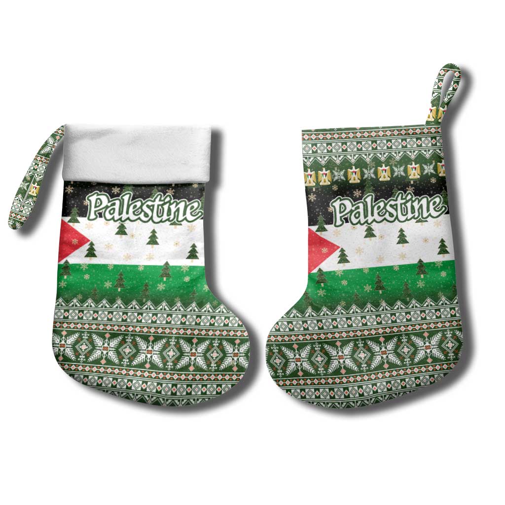 Palestine Christmas Stocking with Green-White Theme, Tree Ornaments, and Nativity Scene Motif - Wonder Print Shop