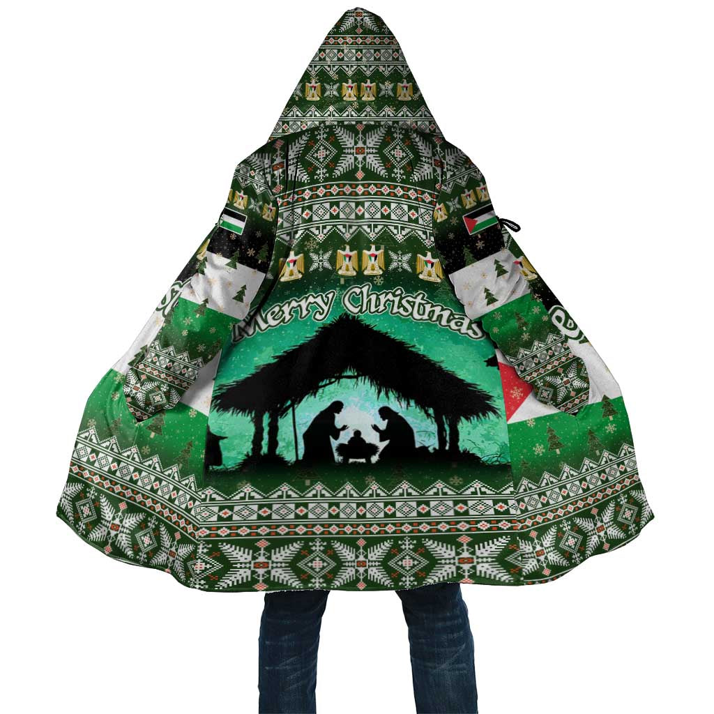 Palestine Christmas Cloak with Green-White Theme, Tree Ornaments, and Nativity Scene Motif - Wonder Print Shop