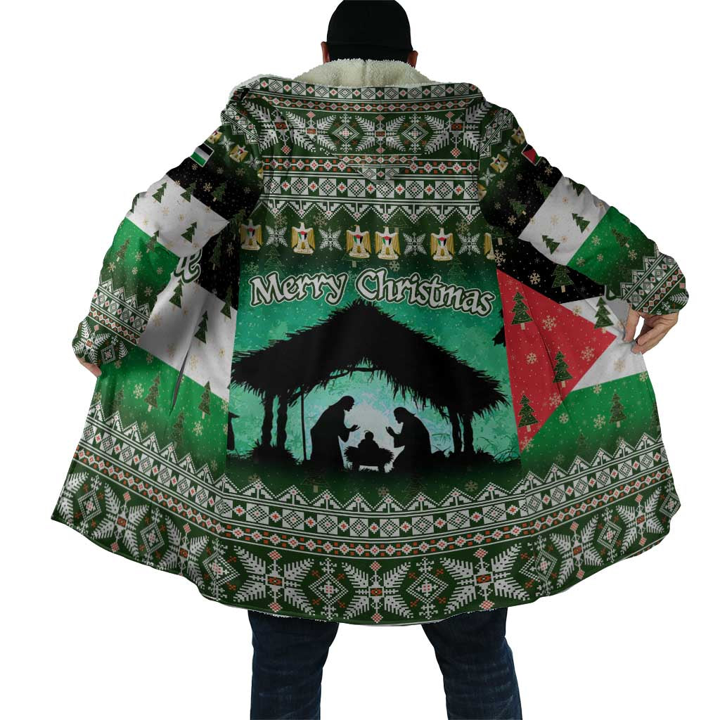 Palestine Christmas Cloak with Green-White Theme, Tree Ornaments, and Nativity Scene Motif - Wonder Print Shop
