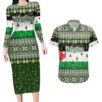 Palestine Christmas Couples Matching Long Sleeve Bodycon Dress and Hawaiian Shirt with Green-White Theme, Tree Ornaments, and Nativity Scene Motif - Wonder Print Shop