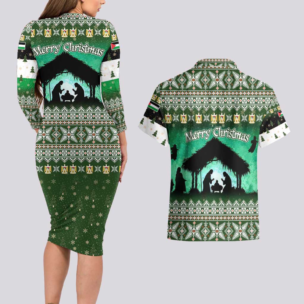 Palestine Christmas Couples Matching Long Sleeve Bodycon Dress and Hawaiian Shirt with Green-White Theme, Tree Ornaments, and Nativity Scene Motif - Wonder Print Shop