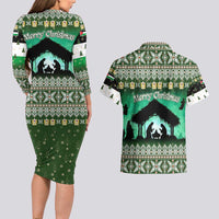 Palestine Christmas Couples Matching Long Sleeve Bodycon Dress and Hawaiian Shirt with Green-White Theme, Tree Ornaments, and Nativity Scene Motif - Wonder Print Shop