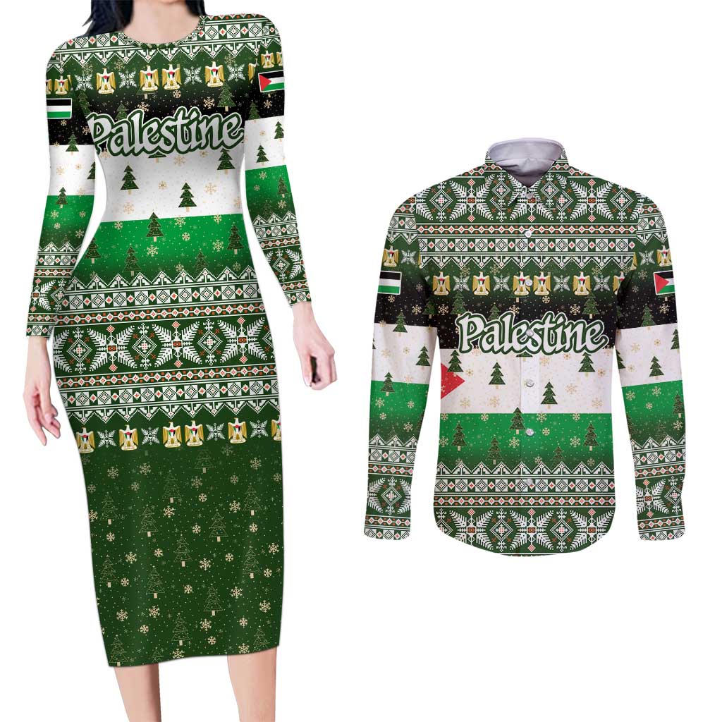 Palestine Christmas Couples Matching Long Sleeve Bodycon Dress and Long Sleeve Button Shirt with Green-White Theme, Tree Ornaments, and Nativity Scene Motif - Wonder Print Shop