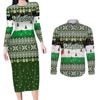 Palestine Christmas Couples Matching Long Sleeve Bodycon Dress and Long Sleeve Button Shirt with Green-White Theme, Tree Ornaments, and Nativity Scene Motif - Wonder Print Shop