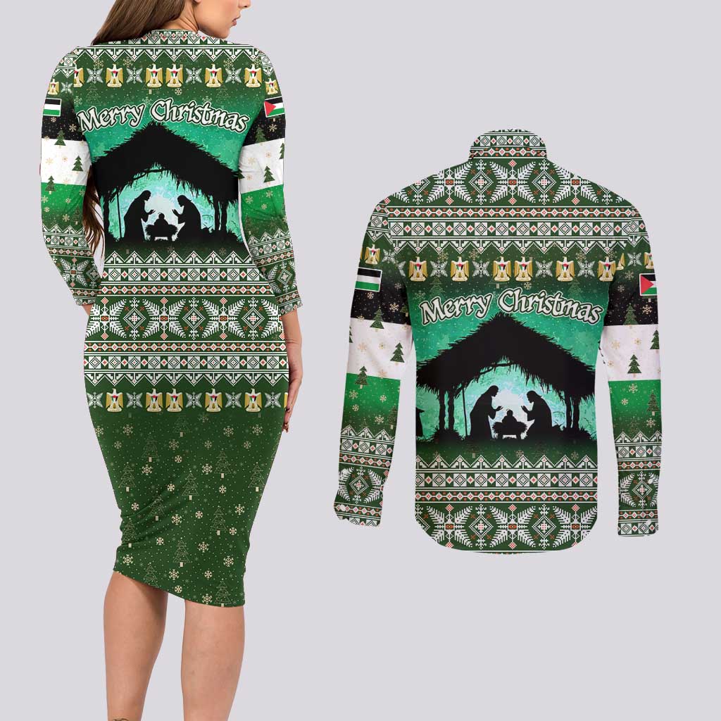 Palestine Christmas Couples Matching Long Sleeve Bodycon Dress and Long Sleeve Button Shirt with Green-White Theme, Tree Ornaments, and Nativity Scene Motif - Wonder Print Shop