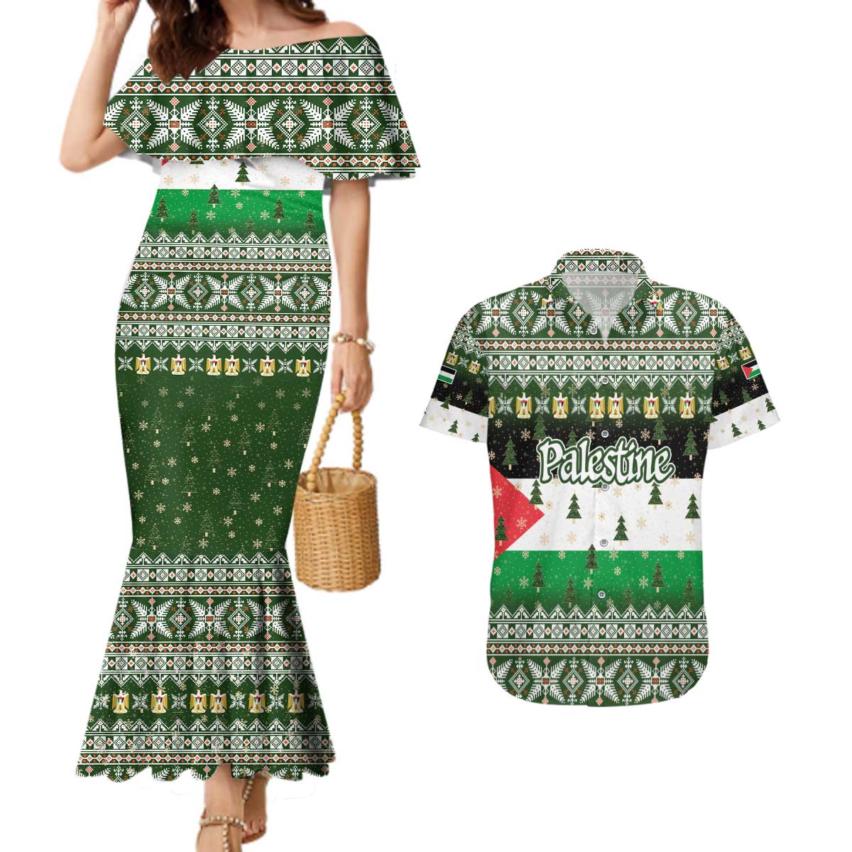 Palestine Christmas Couples Matching Mermaid Dress and Hawaiian Shirt with Green-White Theme, Tree Ornaments, and Nativity Scene Motif - Wonder Print Shop