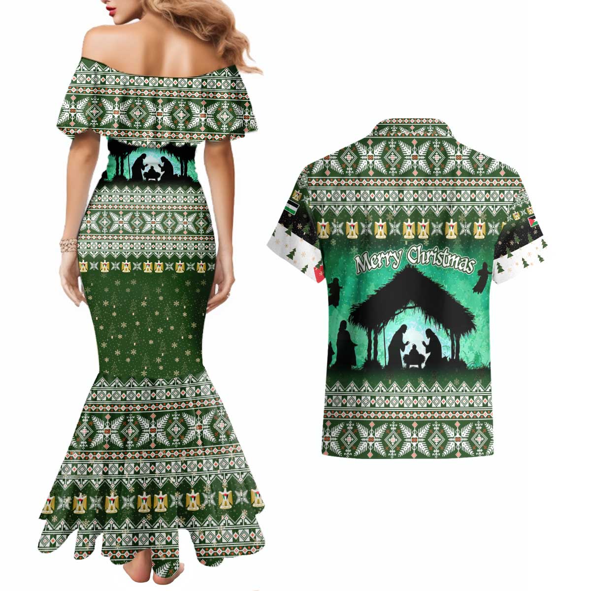 Palestine Christmas Couples Matching Mermaid Dress and Hawaiian Shirt with Green-White Theme, Tree Ornaments, and Nativity Scene Motif - Wonder Print Shop