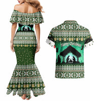 Palestine Christmas Couples Matching Mermaid Dress and Hawaiian Shirt with Green-White Theme, Tree Ornaments, and Nativity Scene Motif - Wonder Print Shop