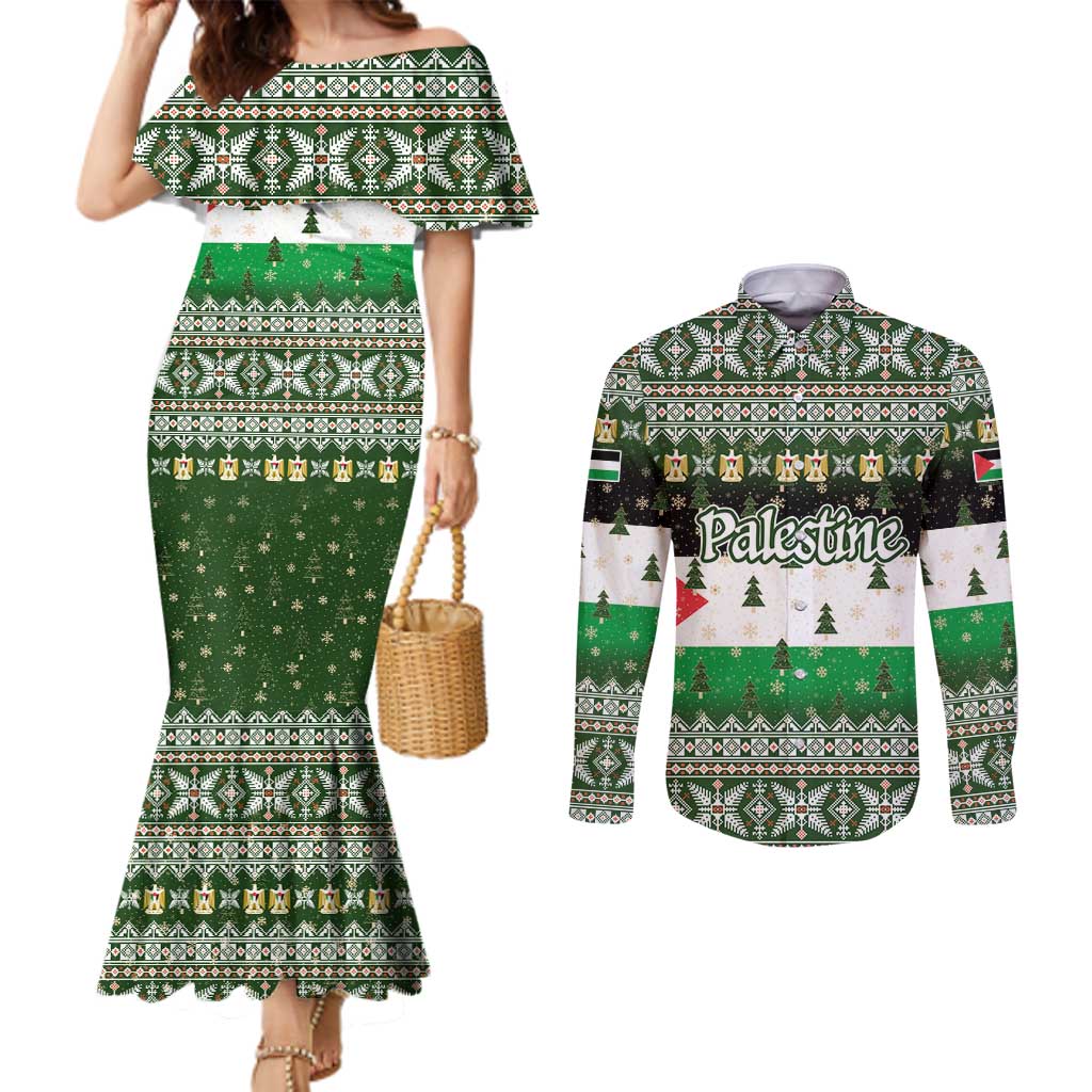 Palestine Christmas Couples Matching Mermaid Dress and Long Sleeve Button Shirt with Green-White Theme, Tree Ornaments, and Nativity Scene Motif - Wonder Print Shop