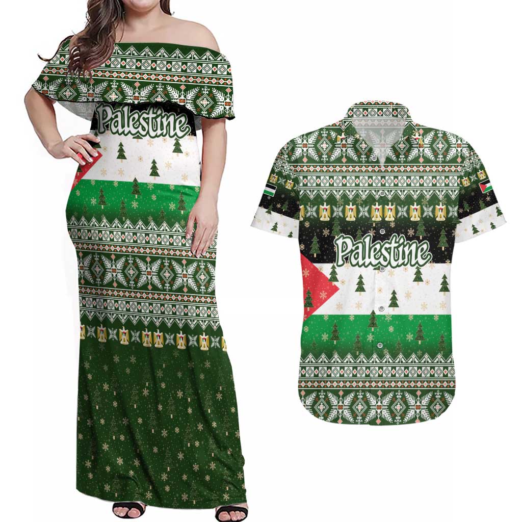 Palestine Christmas Couples Matching Off Shoulder Maxi Dress and Hawaiian Shirt with Green-White Theme, Tree Ornaments, and Nativity Scene Motif - Wonder Print Shop