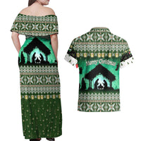 Palestine Christmas Couples Matching Off Shoulder Maxi Dress and Hawaiian Shirt with Green-White Theme, Tree Ornaments, and Nativity Scene Motif - Wonder Print Shop