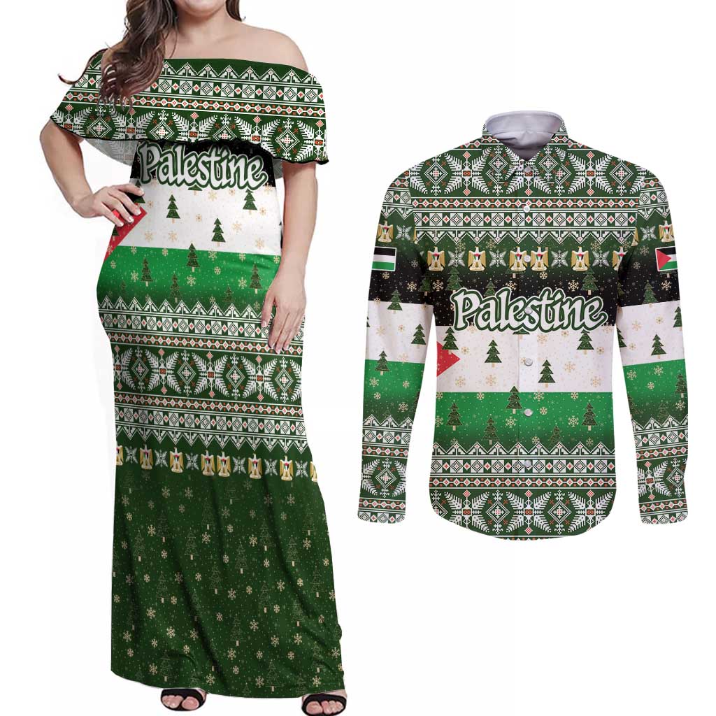 Palestine Christmas Couples Matching Off Shoulder Maxi Dress and Long Sleeve Button Shirt with Green-White Theme, Tree Ornaments, and Nativity Scene Motif - Wonder Print Shop