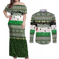 Palestine Christmas Couples Matching Off Shoulder Maxi Dress and Long Sleeve Button Shirt with Green-White Theme, Tree Ornaments, and Nativity Scene Motif - Wonder Print Shop
