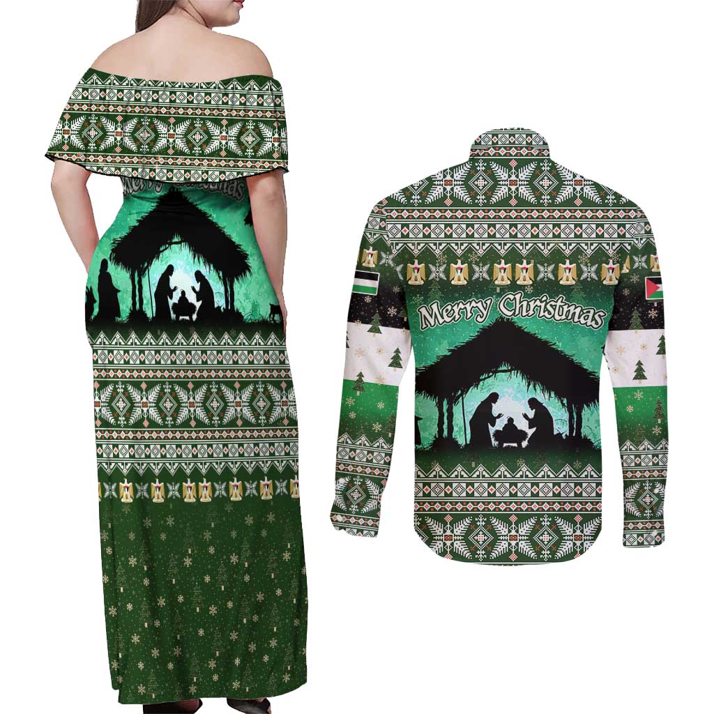 Palestine Christmas Couples Matching Off Shoulder Maxi Dress and Long Sleeve Button Shirt with Green-White Theme, Tree Ornaments, and Nativity Scene Motif - Wonder Print Shop