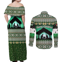 Palestine Christmas Couples Matching Off Shoulder Maxi Dress and Long Sleeve Button Shirt with Green-White Theme, Tree Ornaments, and Nativity Scene Motif - Wonder Print Shop