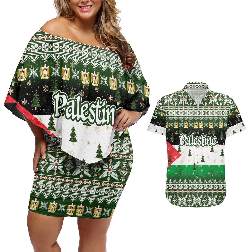 Palestine Christmas Couples Matching Off Shoulder Short Dress and Hawaiian Shirt with Green-White Theme, Tree Ornaments, and Nativity Scene Motif - Wonder Print Shop