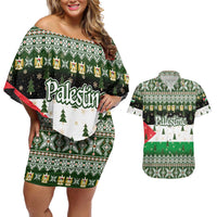 Palestine Christmas Couples Matching Off Shoulder Short Dress and Hawaiian Shirt with Green-White Theme, Tree Ornaments, and Nativity Scene Motif - Wonder Print Shop