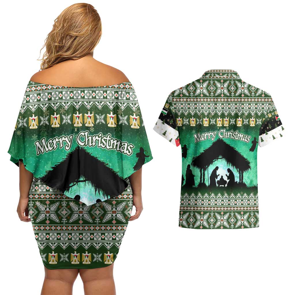 Palestine Christmas Couples Matching Off Shoulder Short Dress and Hawaiian Shirt with Green-White Theme, Tree Ornaments, and Nativity Scene Motif - Wonder Print Shop