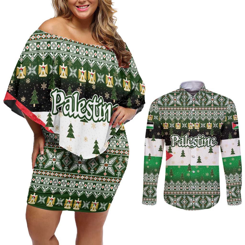 Palestine Christmas Couples Matching Off Shoulder Short Dress and Long Sleeve Button Shirt with Green-White Theme, Tree Ornaments, and Nativity Scene Motif - Wonder Print Shop