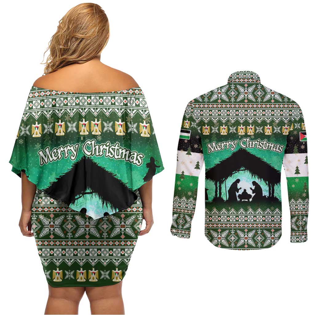 Palestine Christmas Couples Matching Off Shoulder Short Dress and Long Sleeve Button Shirt with Green-White Theme, Tree Ornaments, and Nativity Scene Motif - Wonder Print Shop