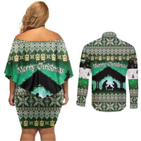 Palestine Christmas Couples Matching Off Shoulder Short Dress and Long Sleeve Button Shirt with Green-White Theme, Tree Ornaments, and Nativity Scene Motif - Wonder Print Shop