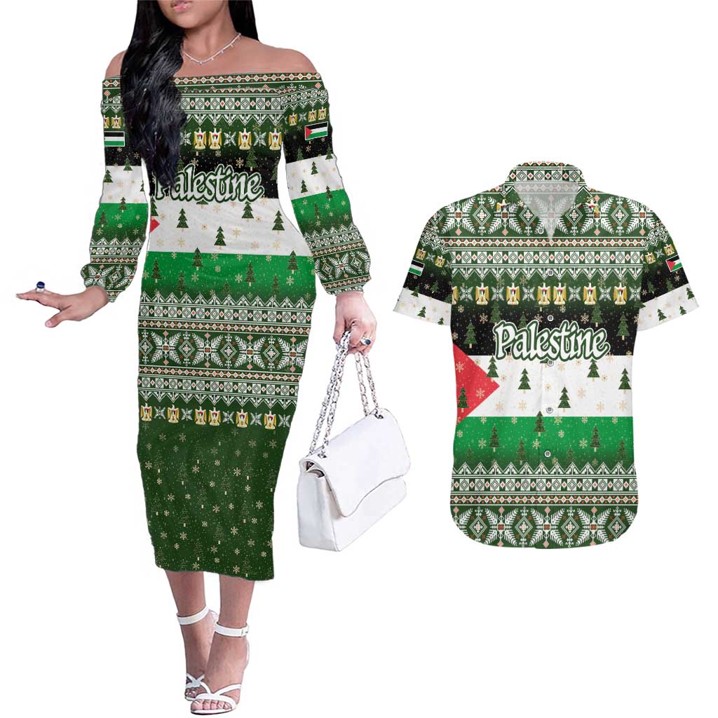 Palestine Christmas Couples Matching Off The Shoulder Long Sleeve Dress and Hawaiian Shirt with Green-White Theme, Tree Ornaments, and Nativity Scene Motif - Wonder Print Shop