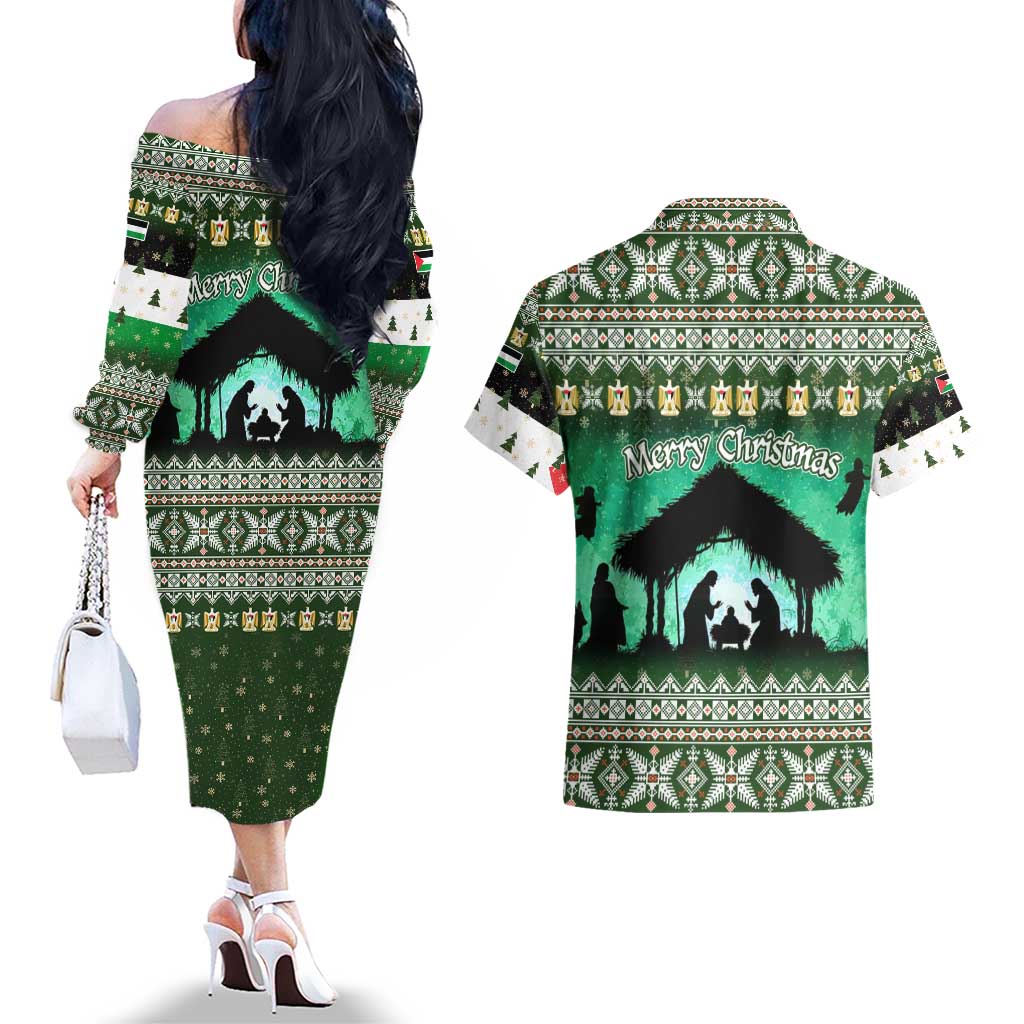 Palestine Christmas Couples Matching Off The Shoulder Long Sleeve Dress and Hawaiian Shirt with Green-White Theme, Tree Ornaments, and Nativity Scene Motif - Wonder Print Shop