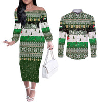 Palestine Christmas Couples Matching Off The Shoulder Long Sleeve Dress and Long Sleeve Button Shirt with Green-White Theme, Tree Ornaments, and Nativity Scene Motif - Wonder Print Shop